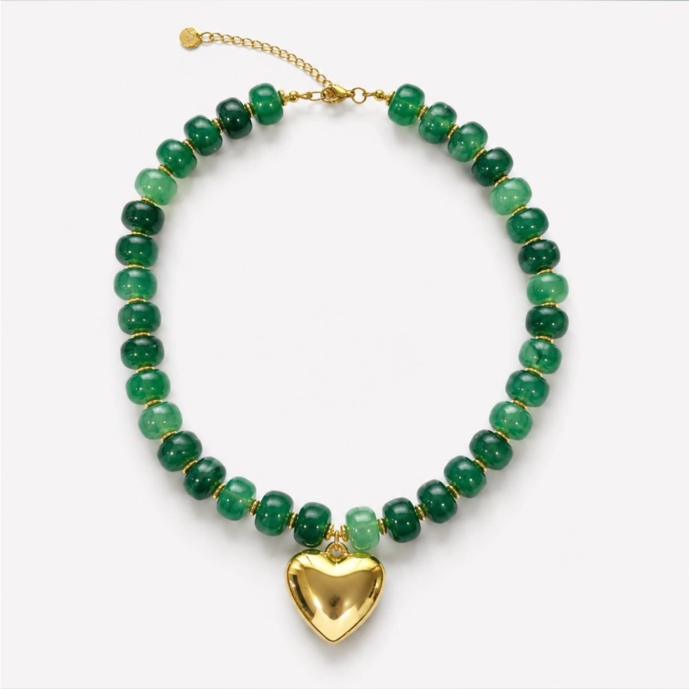 Gold Heart Pendant Necklace with Green Beads